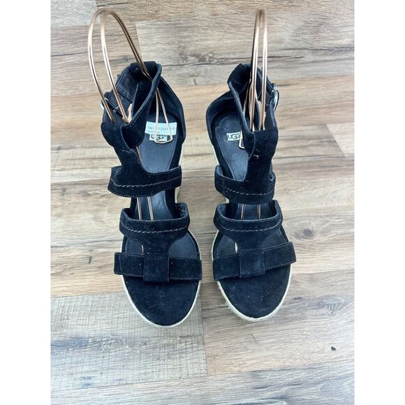 UGG LAURI BLACK SUEDE WEDGE PLATFORM SANDALS WOMENS SIZE 9.5 - Picture 2 of 9